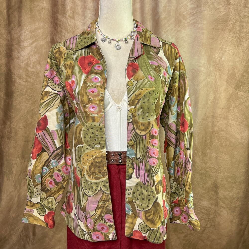 Vintage Cactus Button Up Shirt 70s Western Desert Pattern Multicolor Boho Retro